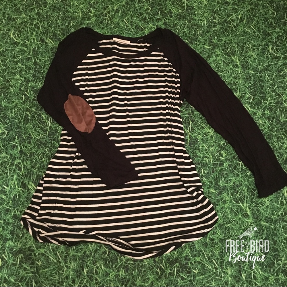 Striped 3/4 Sleeve Elbow Patch Top